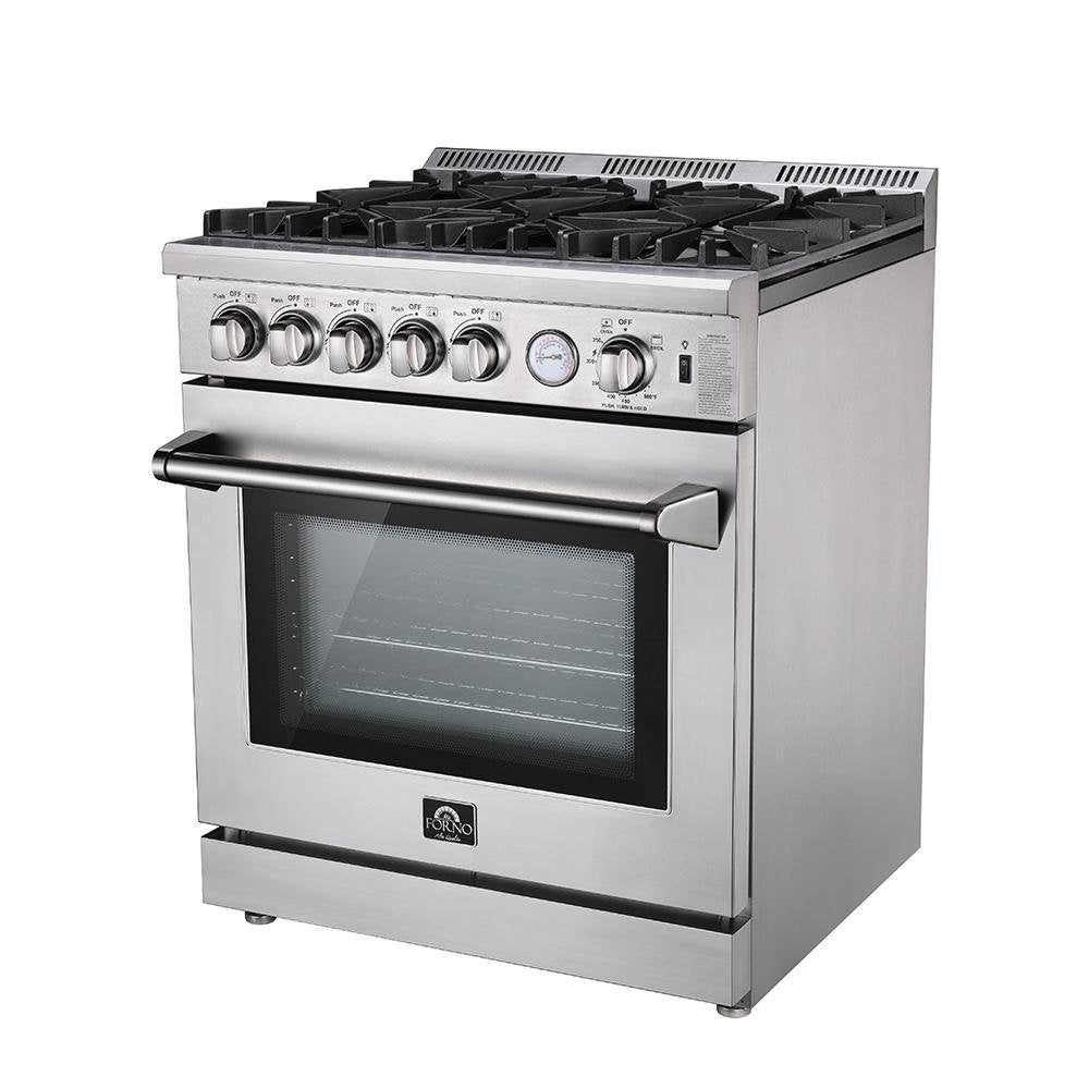 Stainless steel 30-inch gas range with 5 burners and convection oven, front view