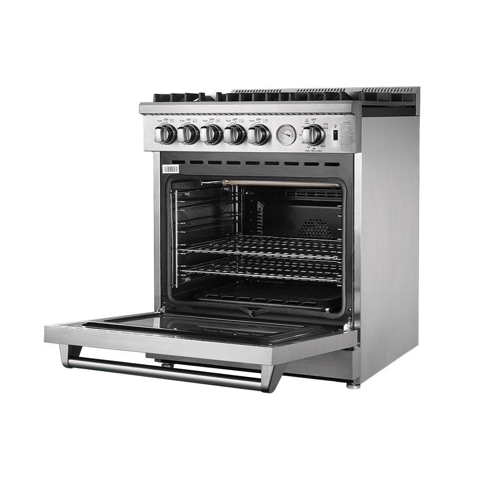 Stainless steel gas range with convection oven door open and interior rack