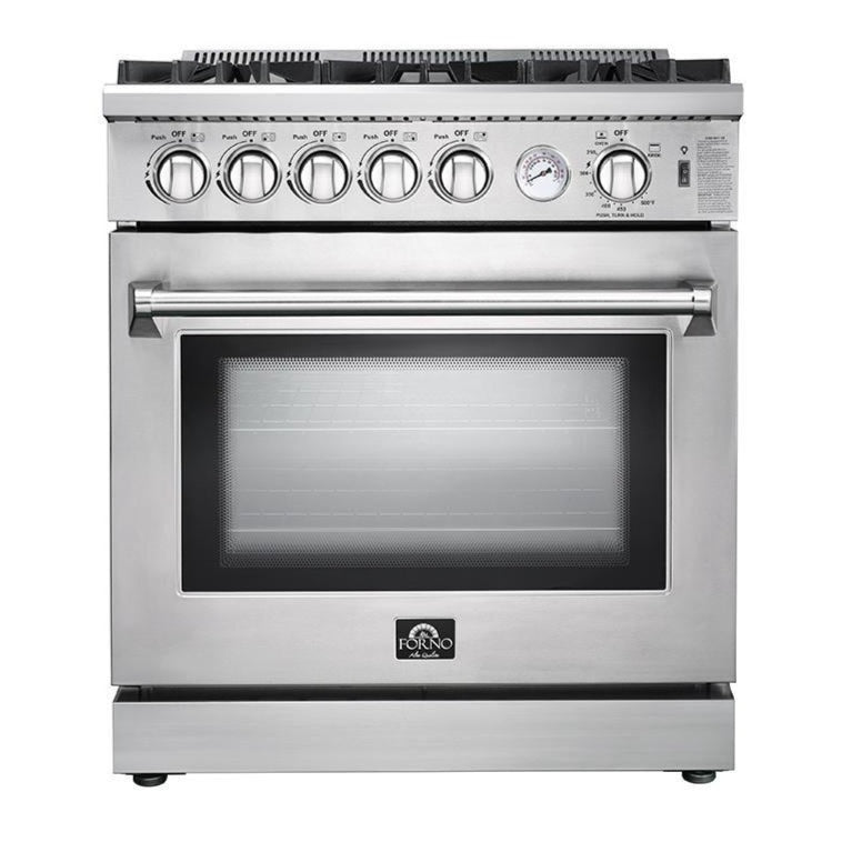 Stainless gas range front with oven window and control knobs