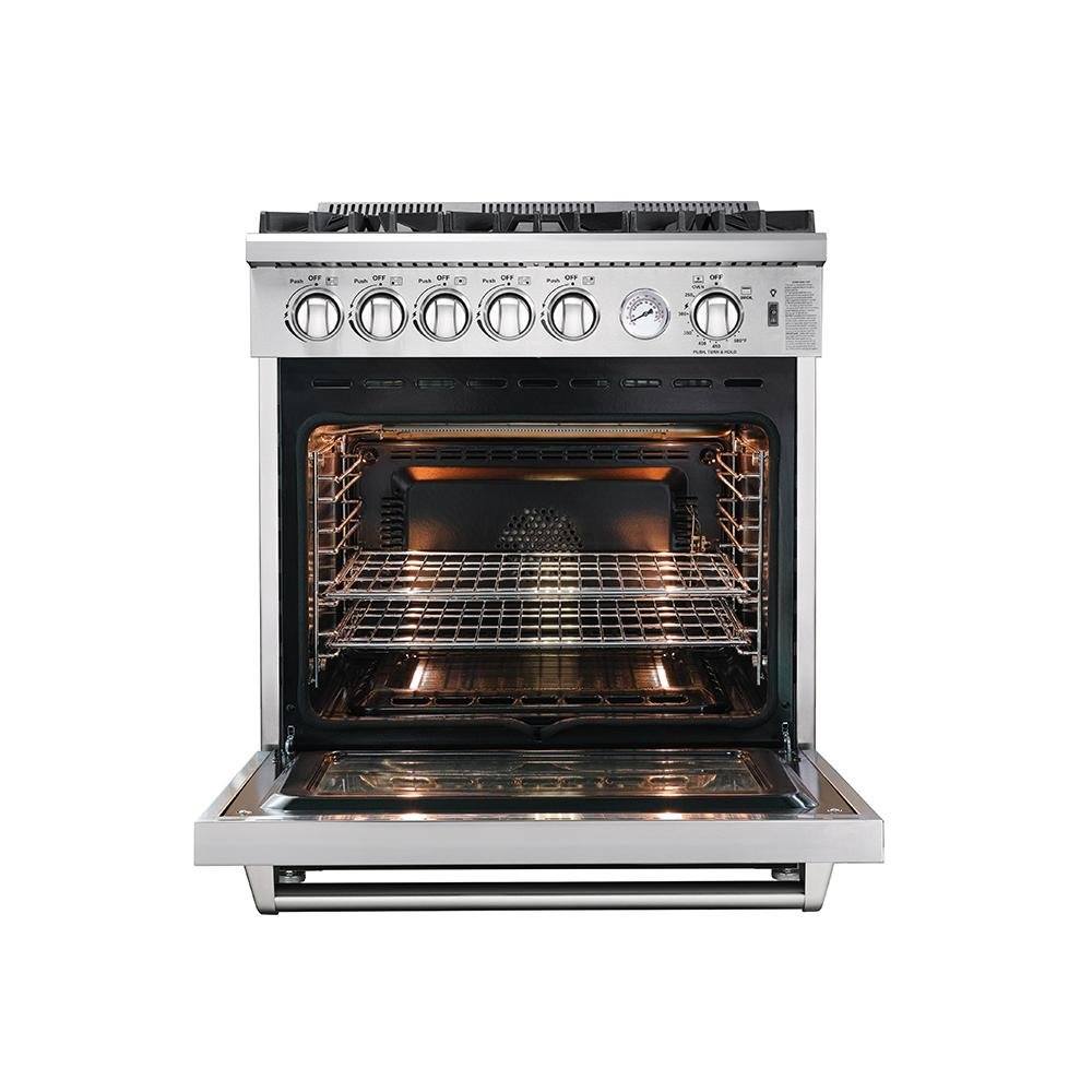 Stainless gas oven with open door and wire cooking rack