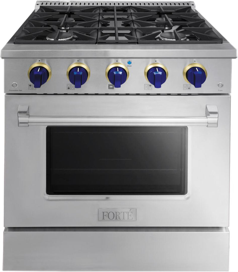 Forte 30" Freestanding All Gas Range - 4 Sealed Italian Made Burners, 3.53 cu. ft. Oven, Easy Glide Oven Racks - in Stainless Steel And Blue Knob (FGR304BSS31) Ranges Forte Brass 