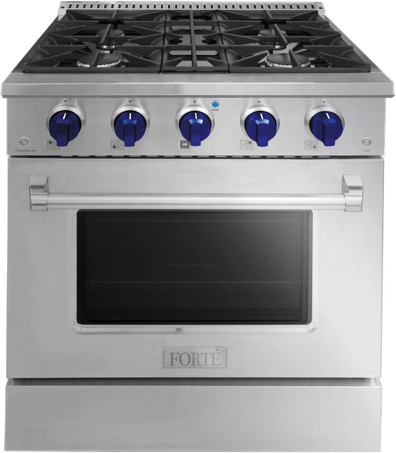 Forte 30" Freestanding All Gas Range - 4 Sealed Italian Made Burners, 3.53 cu. ft. Oven, Easy Glide Oven Racks - in Stainless Steel And Blue Knob (FGR304BSS31) Ranges Forte Stainless Steel 