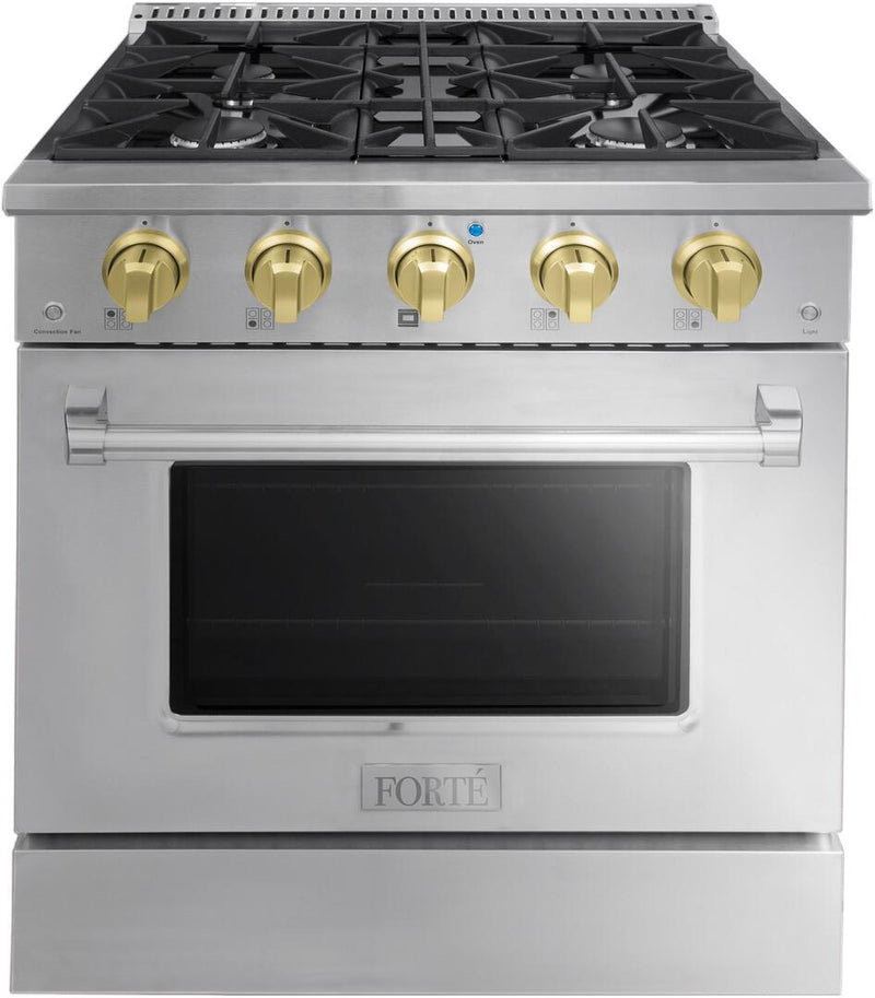 Forte 30" Freestanding All Gas Range - 4 Sealed Italian Made Burners, 3.53 cu. ft. Oven, Easy Glide Oven Racks - in Stainless Steel And Brass Knob (FGR304BSS41) Ranges Forte Brass 