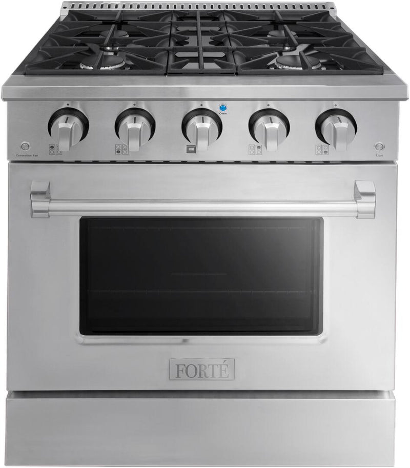 Forte 30" Freestanding All Gas Range - 4 Sealed Italian Made Burners, 3.53 cu. ft. Oven, Easy Glide Oven Racks - in Stainless Steel And Stainless Steel Knob (FGR304BSS) Ranges Forte Black 