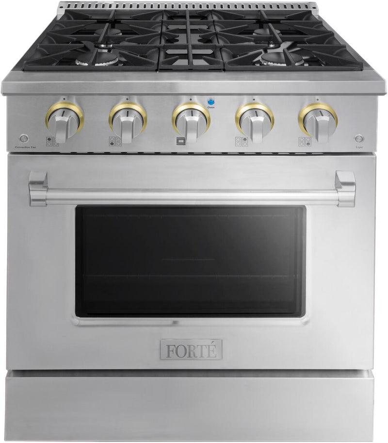 Forte 30" Freestanding All Gas Range - 4 Sealed Italian Made Burners, 3.53 cu. ft. Oven, Easy Glide Oven Racks - in Stainless Steel And Stainless Steel Knob (FGR304BSS) Ranges Forte Brass 