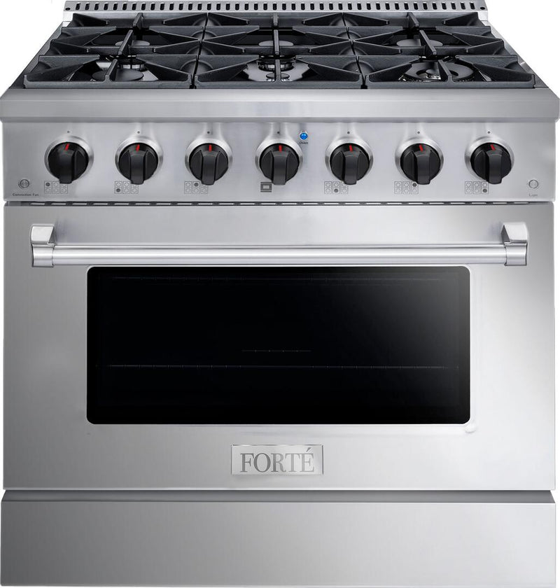 Forte 36" Freestanding All Gas Range - 6 Sealed Italian Made Burners, 4.5 cu. ft. Oven, Easy Glide Oven Racks - in Stainless Steel And Black Knob (FGR366BSS21) Ranges Forte Stainless Steel 