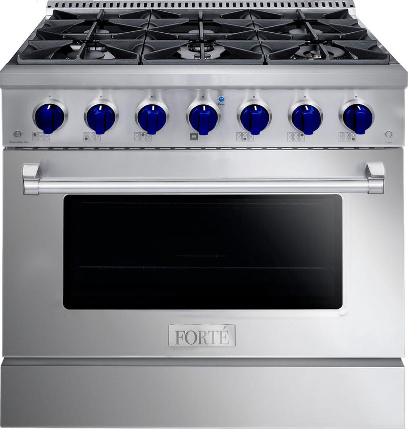 Forte 36" Freestanding All Gas Range - 6 Sealed Italian Made Burners, 4.5 cu. ft. Oven, Easy Glide Oven Racks - in Stainless Steel And Blue Knob (FGR366BSS31) Ranges Forte Stainless Steel 