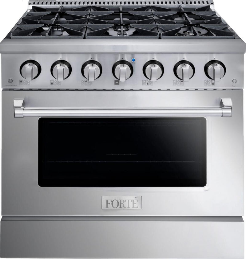 Forte 36" Freestanding All Gas Range - 6 Sealed Italian Made Burners, 4.5 cu. ft. Oven, Easy Glide Oven Racks - in Stainless Steel And Stainless Steel Knob (FGR366BSS) Ranges Forte Black 