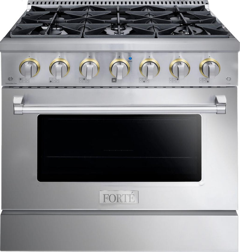 Forte 36" Freestanding All Gas Range - 6 Sealed Italian Made Burners, 4.5 cu. ft. Oven, Easy Glide Oven Racks - in Stainless Steel And Stainless Steel Knob (FGR366BSS) Ranges Forte Brass 