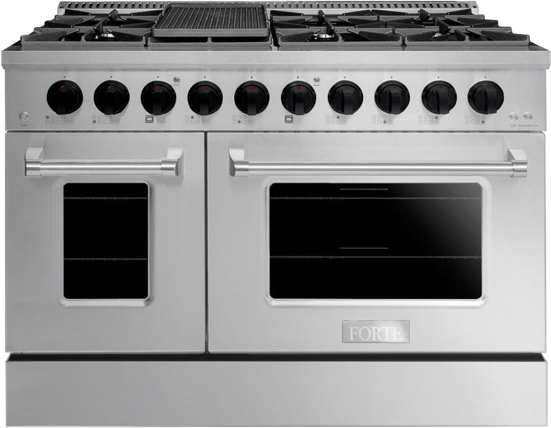 Forte 48" Freestanding All Gas Range - 8 Sealed Italian Made Burners, 5.53 cu. ft. Oven & Griddle - in Stainless Steel With Black Door And Black Knob (FGR488BBB21) Ranges Forte Black 