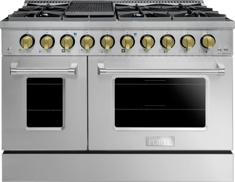 Forte 48" Freestanding All Gas Range - 8 Sealed Italian Made Burners, 5.53 cu. ft. Oven & Griddle - in Stainless Steel With Brass Knob (FGR488BSS41) Ranges Forte Black 
