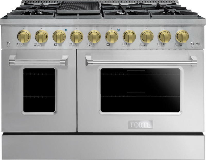Forte 48" Freestanding All Gas Range - 8 Sealed Italian Made Burners, 5.53 cu. ft. Oven & Griddle - in Stainless Steel With Brass Knob (FGR488BSS41) Ranges Forte Brass 