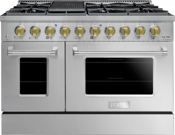 Forte 48" Freestanding All Gas Range - 8 Sealed Italian Made Burners, 5.53 cu. ft. Oven & Griddle - in Stainless Steel With Brass Knob (FGR488BSS41) Ranges Forte Stainless Steel 