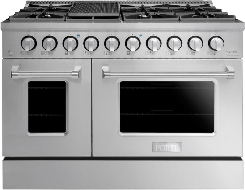 Forte 48" Freestanding All Gas Range - 8 Sealed Italian Made Burners, 5.53 cu. ft. Oven & Griddle - in Stainless Steel With Stainless Steel Knob (FGR488BSS12) Ranges Forte Black 