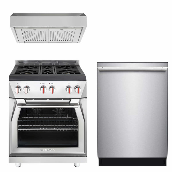 Forza 3-Piece Appliance Package - 30" Gas Range, Premium Range Hood, & 24" Dishwasher in Stainless Steel Appliance Package Forza 11" Height 