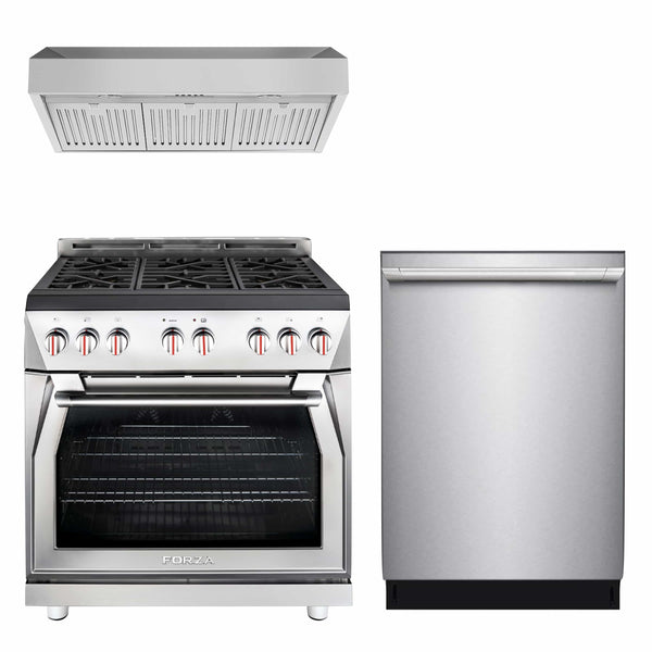 Forza 3-Piece Appliance Package - 36" Gas Range, Premium Range Hood, & 24" Dishwasher in Stainless Steel Appliance Package Forza 11" Tall 