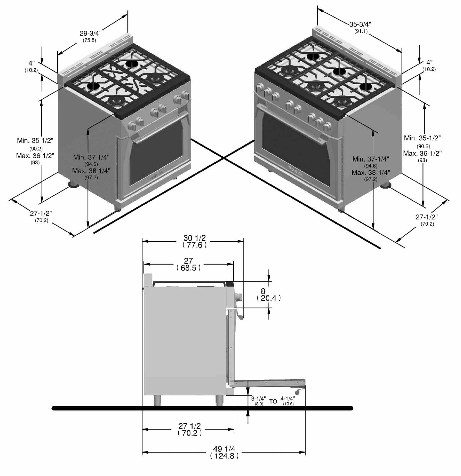 Gas range dimensions diagram showing top burners and oven height