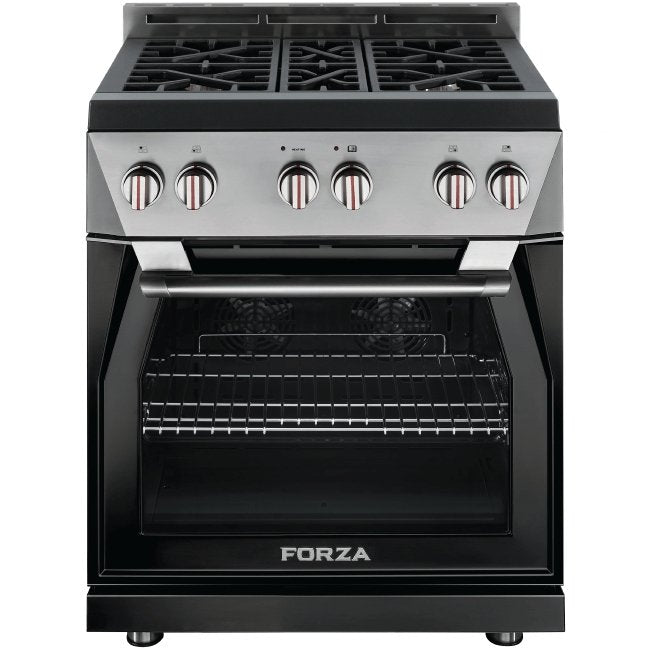 Stainless steel gas range with dual ovens door window and front control knobs
