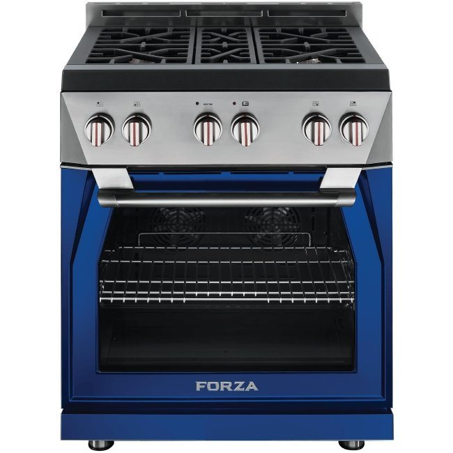 Forza gas range front view with blue oven surround and open door