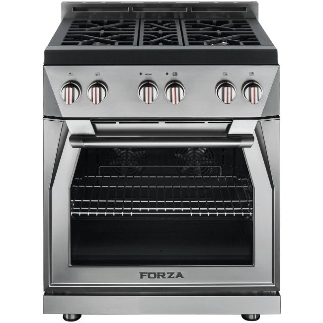 Stainless steel pro-style gas range with open oven door and control knobs