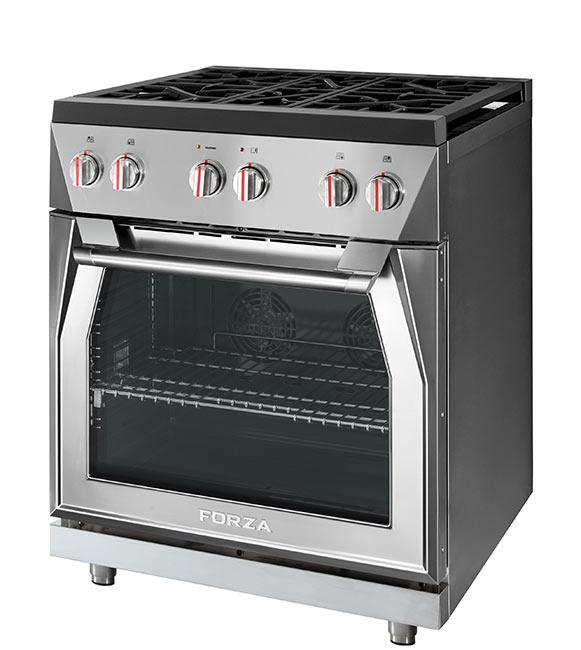 Stainless steel gas range with burners and oven door open
