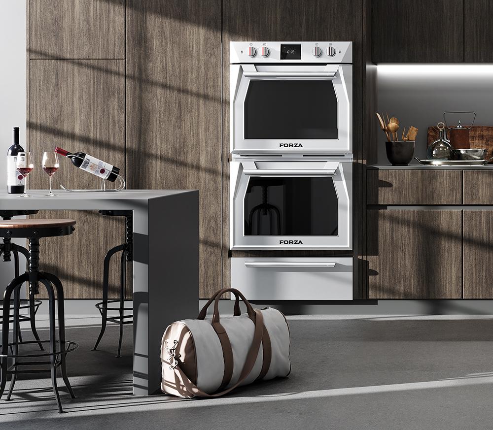 Stainless double wall oven with two stacked doors and front control knobs