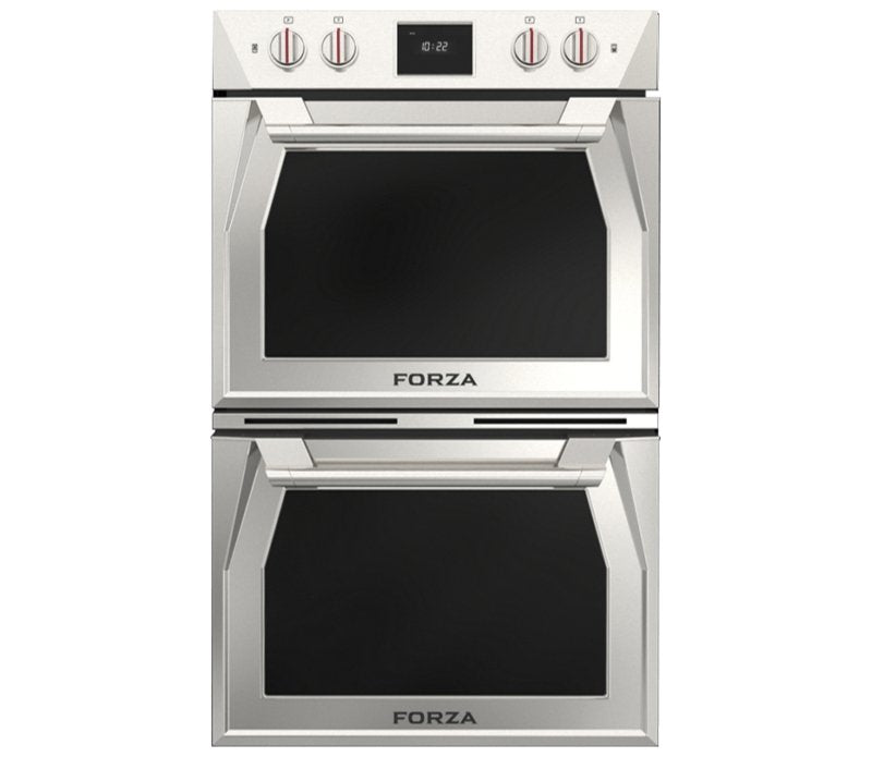 Stainless double electric wall oven with two black glass door windows and control panel