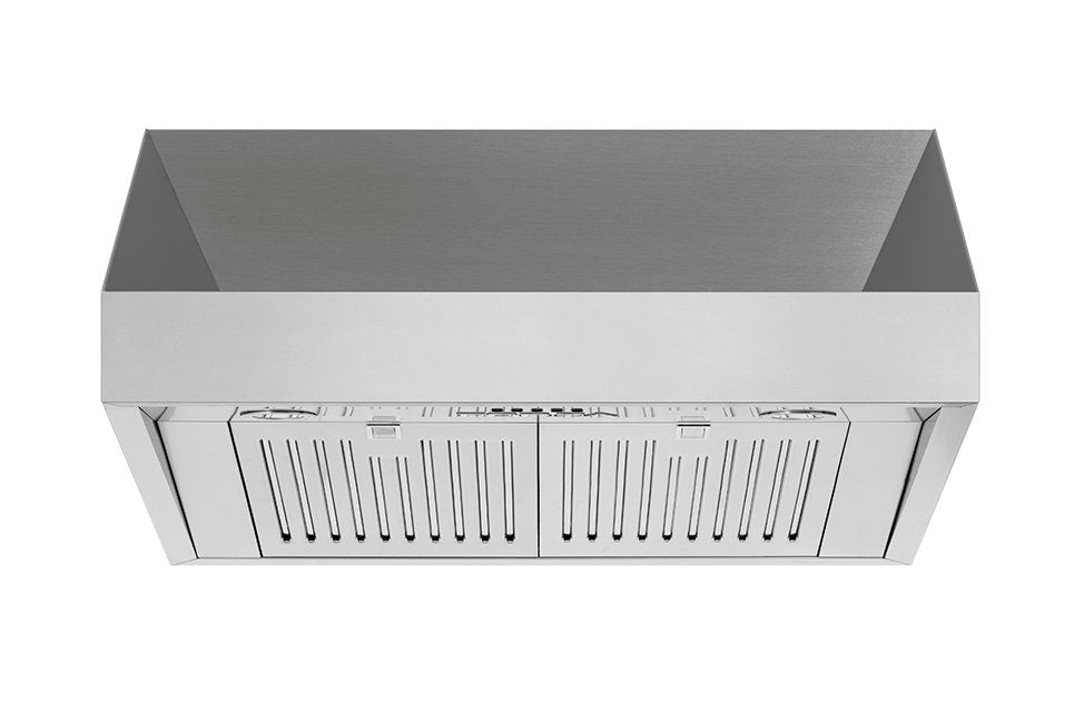 Stainless steel pro-style range hood with front grease filter vent grille