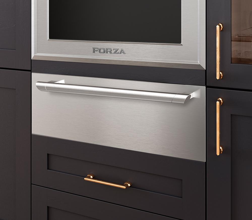 FORZA electric warming drawer front with stainless handle and viewing window