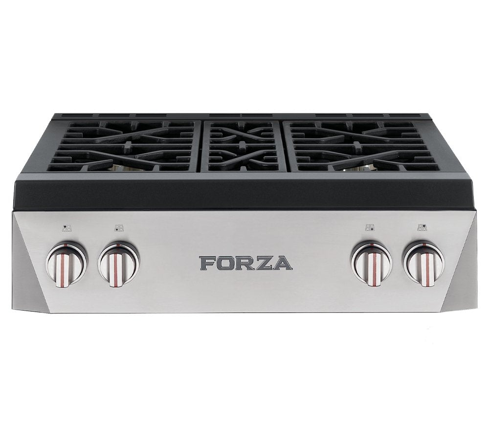 Stainless steel gas rangetop with four burners and four chrome control knobs