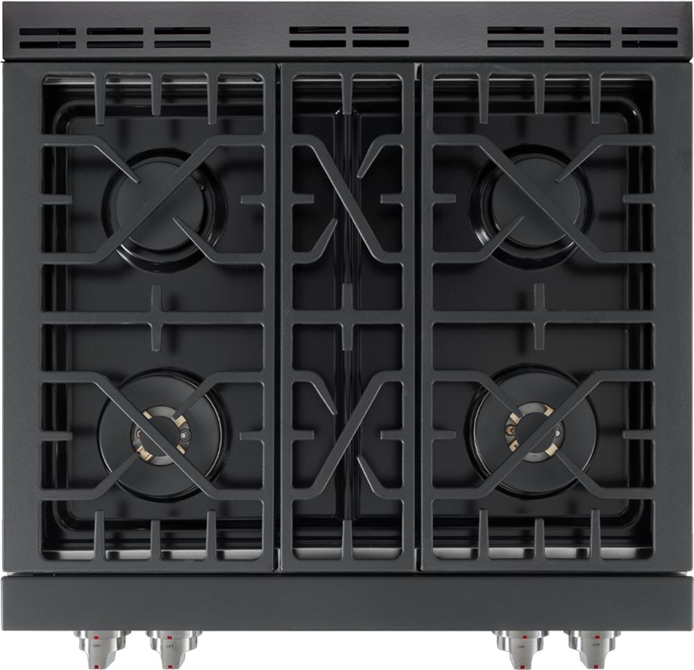 Stainless steel gas rangetop with four black burners and continuous grate