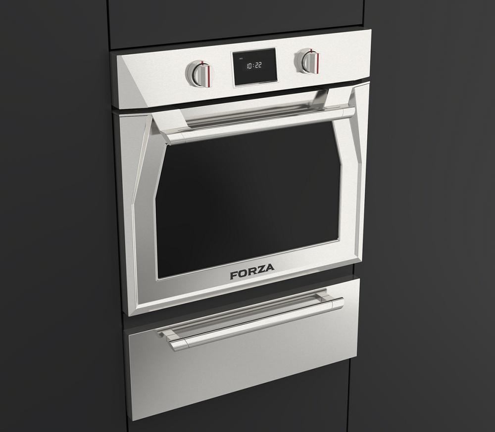 Closed electric wall oven with black glass window, FORZA label, and knobs