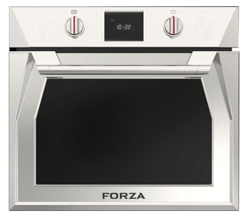 Built-in electric wall oven door with black window and stainless trim