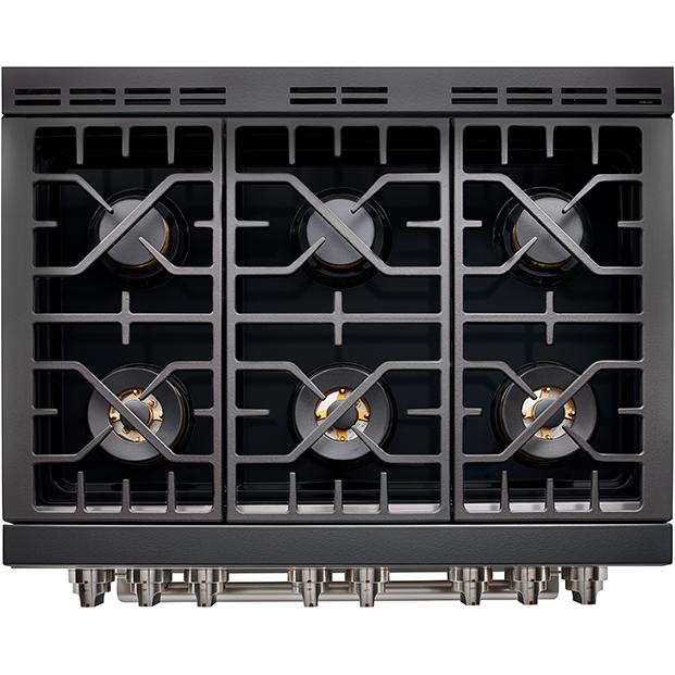 Gas range cooktop with six black burner grates and control layout