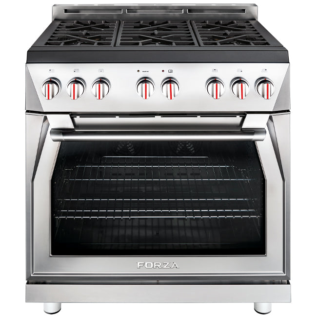 Stainless steel gas range front with open oven door and six burner knobs