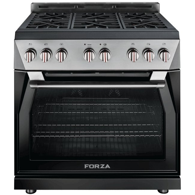 Gas oven door closed with stainless control knobs and black cooktop grates
