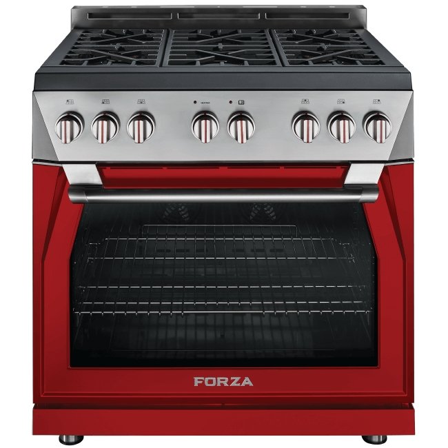 Radicale red gas range front with stainless control panel and oven door window.