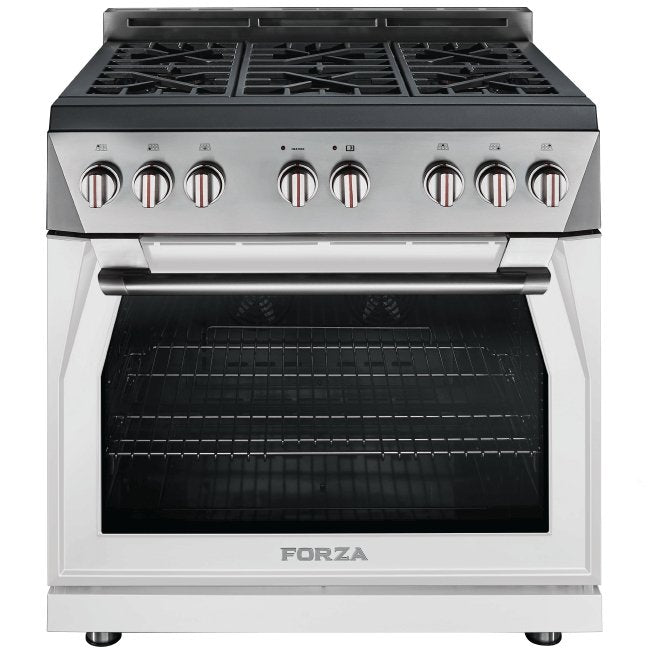 Valoroso White gas range with open oven door and FORZA logo