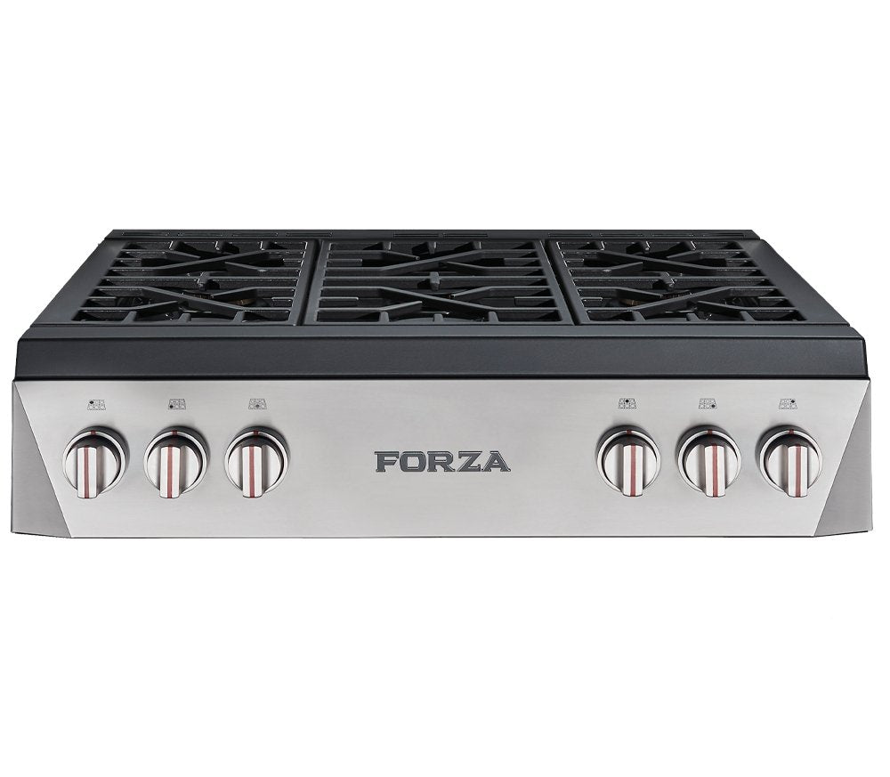Stainless steel 36-inch gas rangetop with black grate lids and six front control knobs