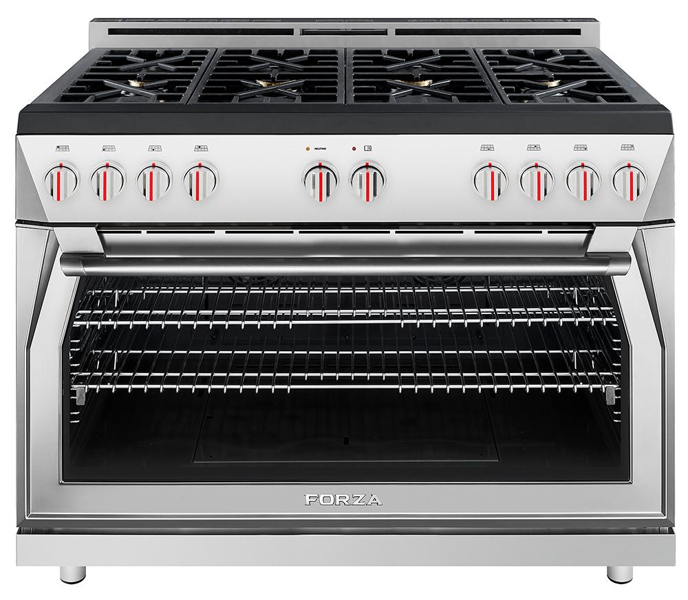 Stainless steel gas range with burners and oven door closed, front view