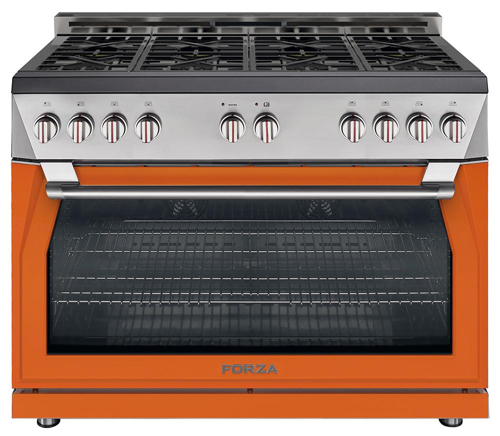 Stainless steel gas range with orange side panels and oven door with window.