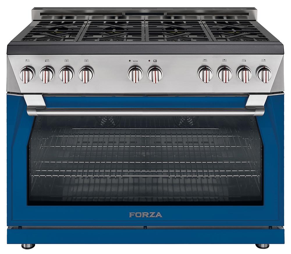 Stainless steel gas range with black grates, oven window, and blue side panel