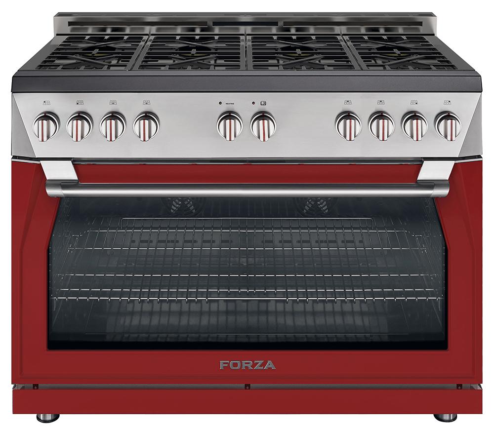 Stainless gas range with red side panels, front knobs, and open oven door