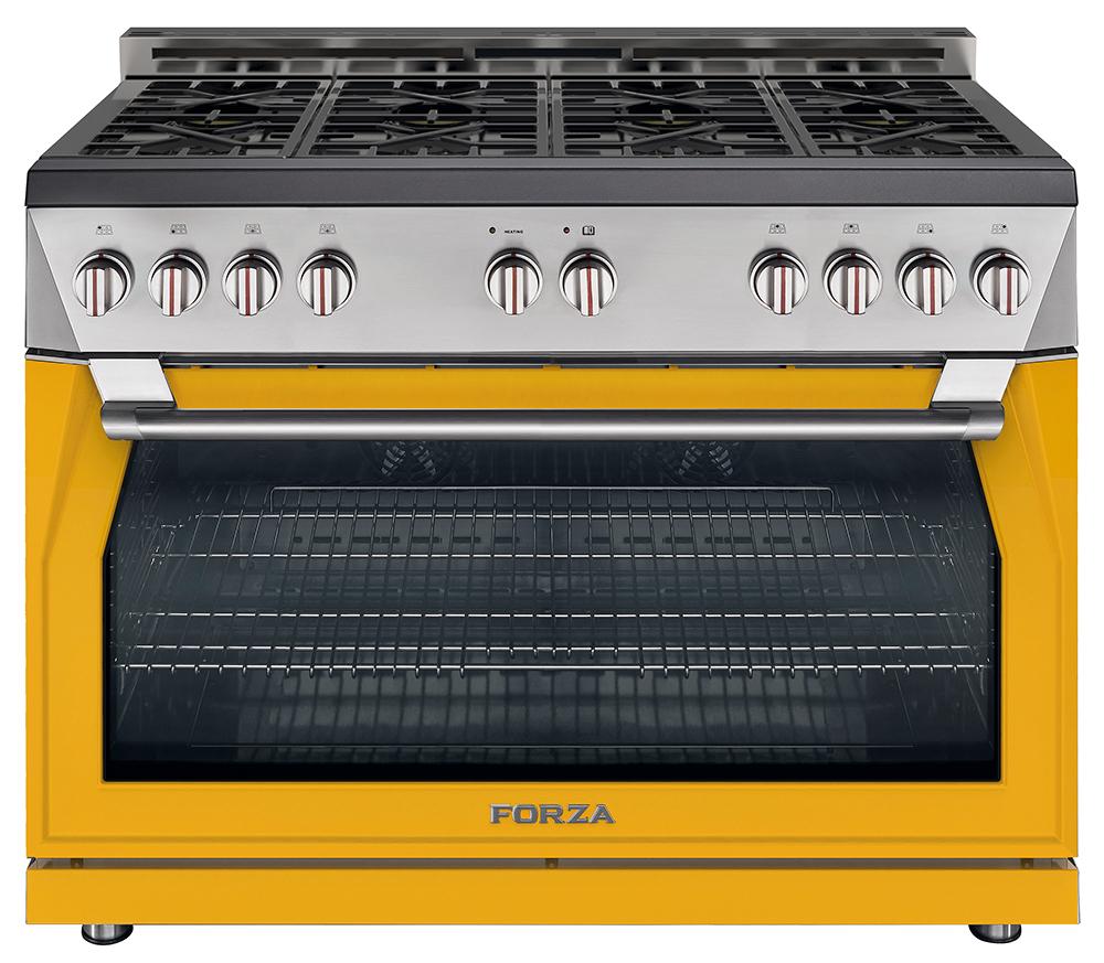 Ribelle yellow gas range with stainless control panel, oven door, and black cooktop grates