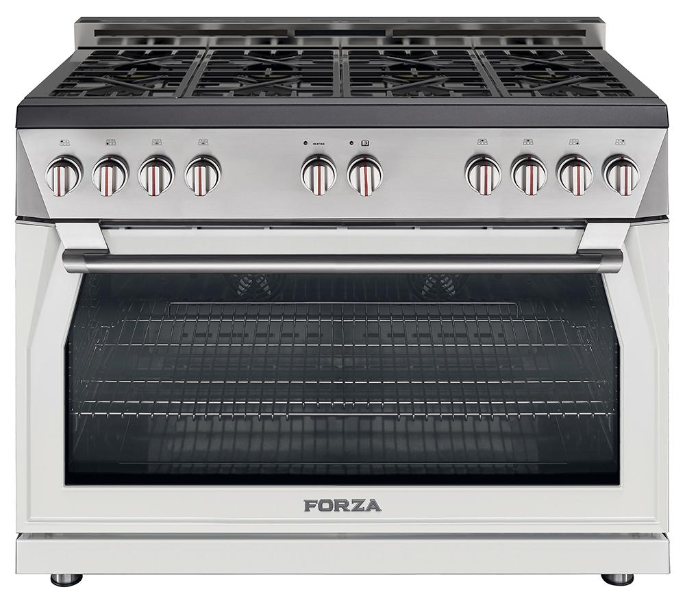 Stainless steel gas range in white, front view with oven window and top grates