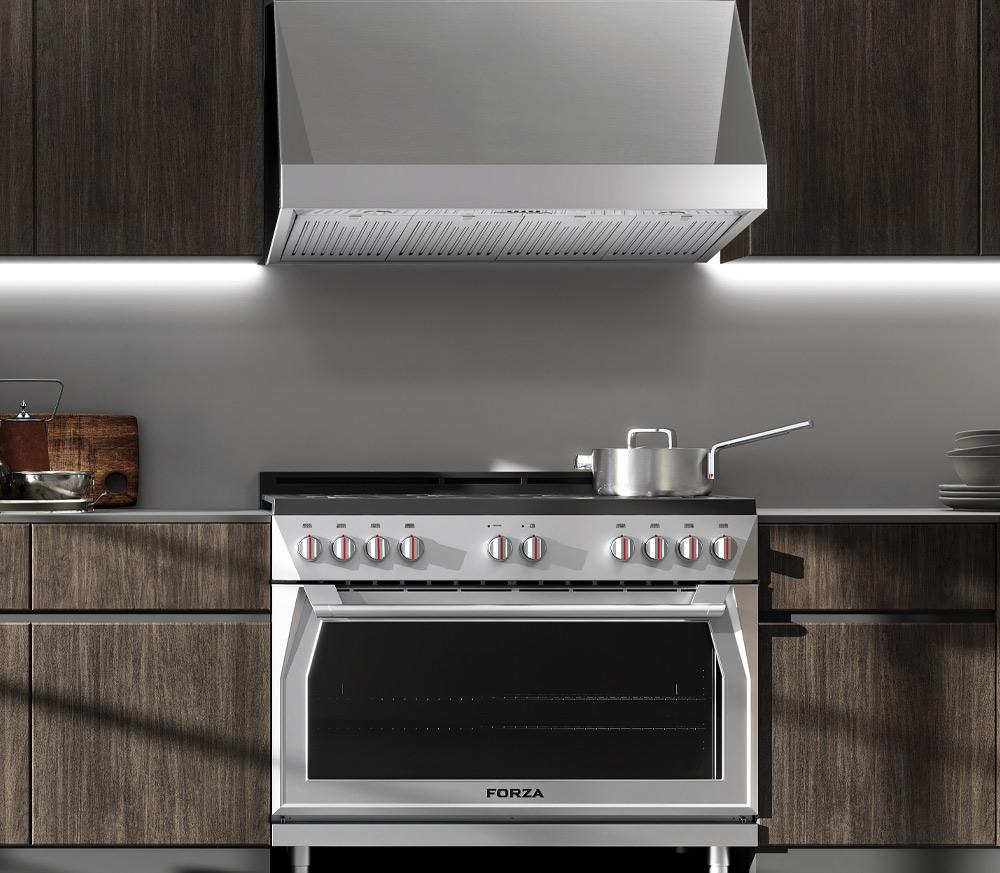 Stainless steel range hood canopy above a gas or electric cooking range