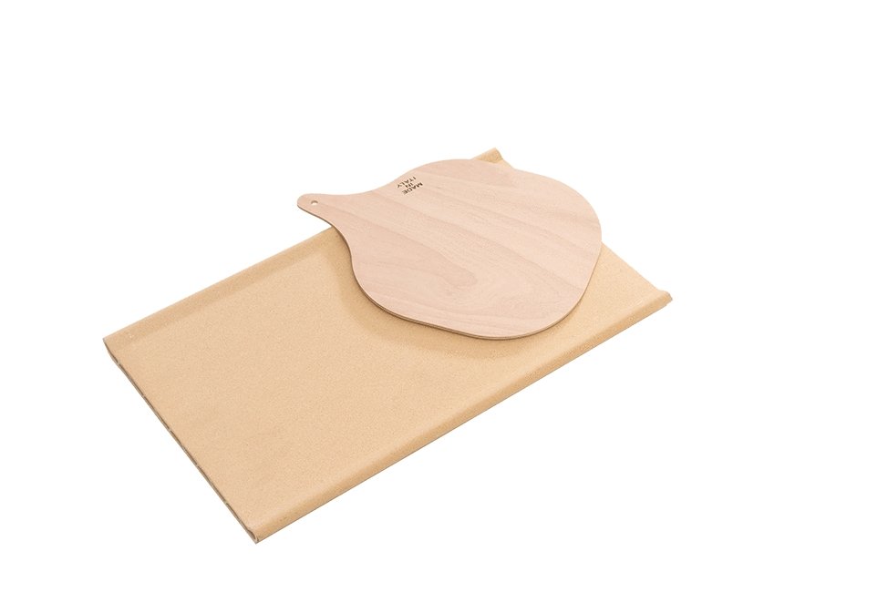 Pizza stone with round wooden handle and cutout