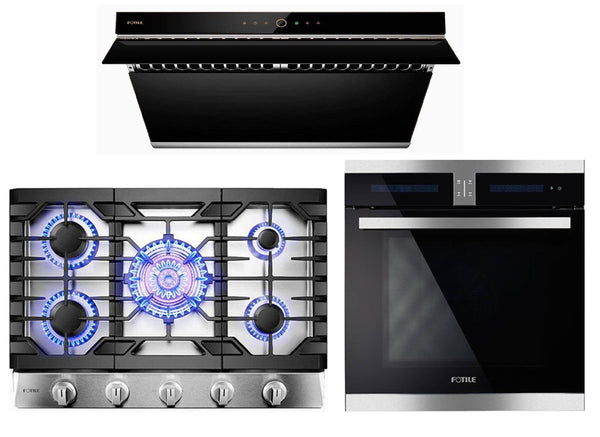 Fotile 3-Piece Appliance Package - 30" 1000 CFM Under Cabinet Range Hood, 30" Natural Gas Cooktop in Stainless Steel & Built-in Wall Oven Appliance Package Fotile KSS7002A 