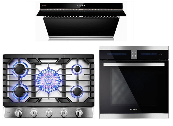 Fotile 3-Piece Appliance Package - 30" 850 CFM Under Cabinet Range Hood in Onyx Black Tempered Glass, 30" Natural Gas Cooktop in Stainless Steel & Built-in Wall Oven Appliance Package Fotile KSS7002A 