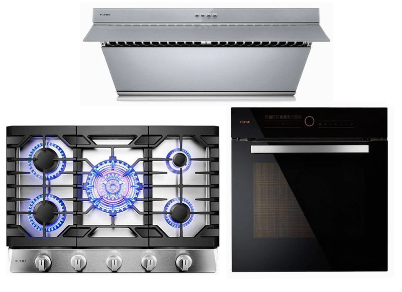 Fotile 3-Piece Appliance Package - 30" 850 CFM Under Cabinet Range Hood in Silver Grey Tempered Glass, 30" Natural Gas Cooktop in Stainless Steel & Built-in Wall Oven Appliance Package Fotile KSG7003A 